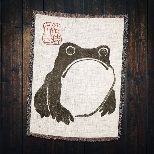 Matsumoto Hoji Frog Blanket Vintage Japanese Sad Frog Folklore Woven Blanket: Novelty Blanket for Dorm Decor, Naps, Japanese Decor