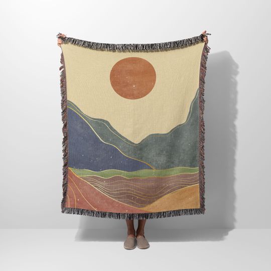 Mid century modern woven blanket aesthetic wall tapestry cotton couch abstract sunset mountain landscape earth tones burnt orange