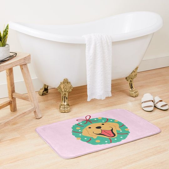 Golden Retriever Christmas Wreath Bath Mat