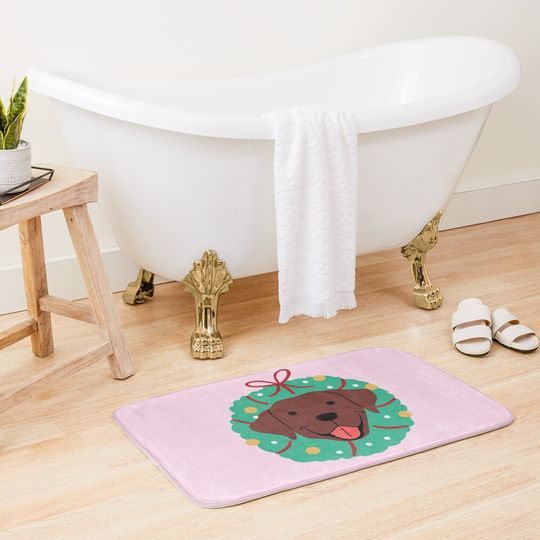 Chocolate Labrador Christmas Wreath Bath Mat