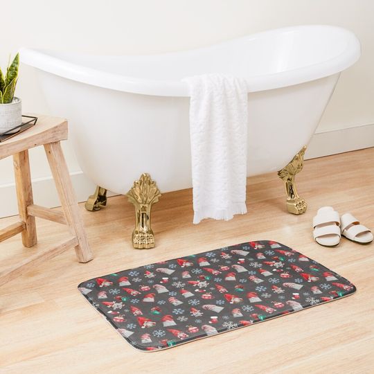Christmas Gnomes, Snowflakes, Hot Cocoa and Stockings Bath Mat