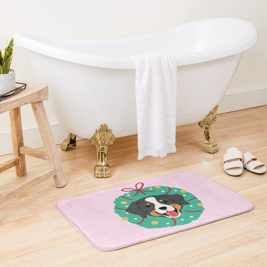 Bernese Mountain Dog Christmas Wreath Bath Mat
