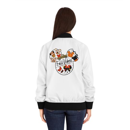 Disney Fall Vibes Womens Bomber Jacket Cozy and Cute Retro Outerwear Trendy Lightweight Zip-Up Coat Fashionable and Stylish