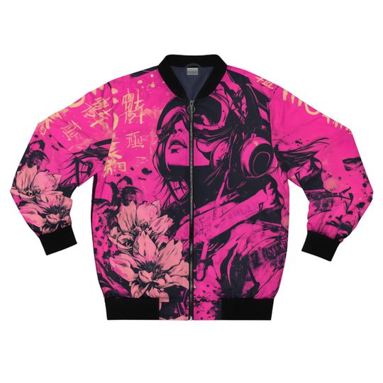 Purple Japanese Streetwear Bomber Men's Jacket ,Men's AOP Bomber Jacket,Japanese Style Bomber Jacket ,Japanese Anime Bomber Jacket