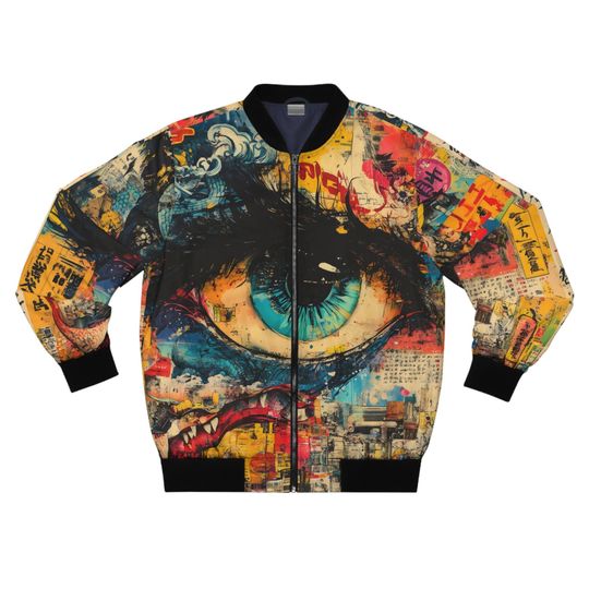 Colourful Retro Japanese Bomber Men's Jacket ,Men's AOP Bomber Jacket,Japanese Streetwear Bomber Jacket