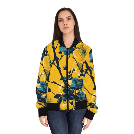 Vintage Japanese Flowers Women's Bomber Jacket (AOP),Fashionable Japanese Streetwear,Womens Trendy Bomber Jacket