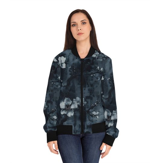 Vintage Japanese Flowers Women's Bomber Jacket (AOP),Fashionable Japanese Streetwear,Womens Trendy Bomber Jacket