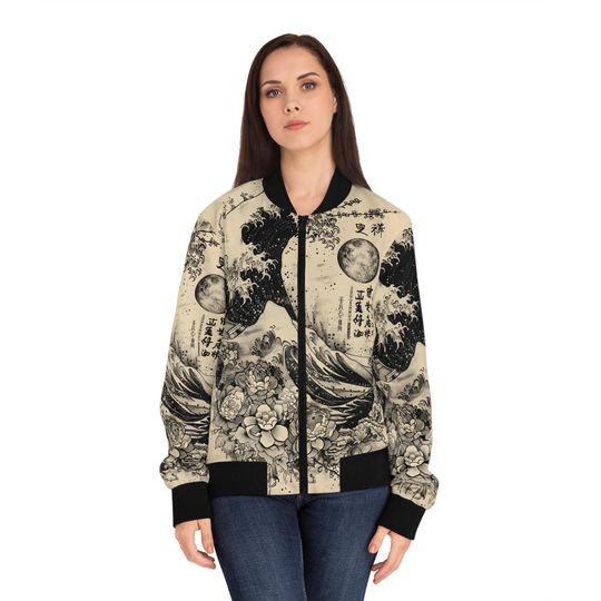 Vintage Japanese Flowers Women's Bomber Jacket (AOP),Fashionable Japanese Streetwear,Womens Trendy Bomber Jacket