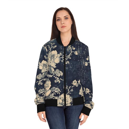 Vintage Japanese Flowers Women's Bomber Jacket (AOP),Fashionable Japanese Streetwear,Womens Trendy Bomber Jacket