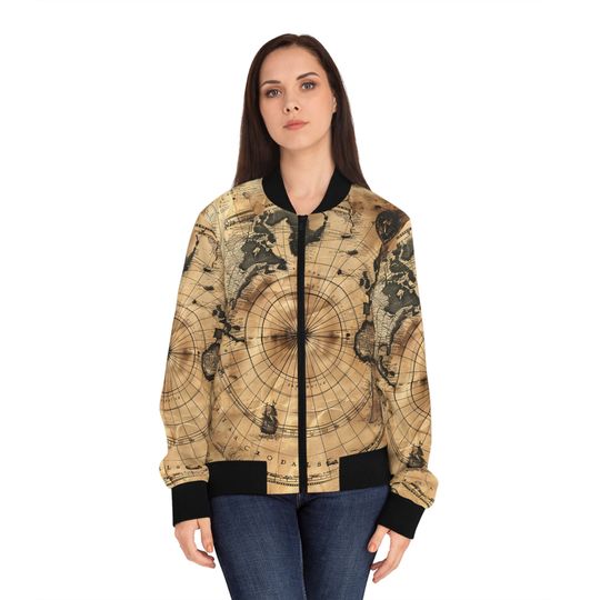 Vintage Map Women's Bomber Jacket (AOP),Fashionable Aesthetic Retro,Womens Bomber Jacket