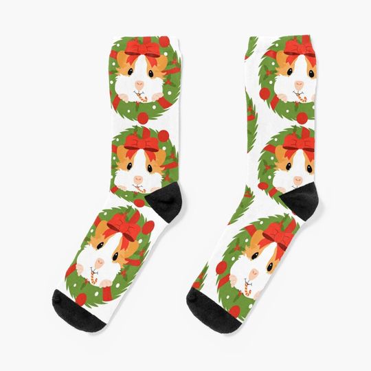Guinea Pig Christmas Wreath on a Wooden Door Socks