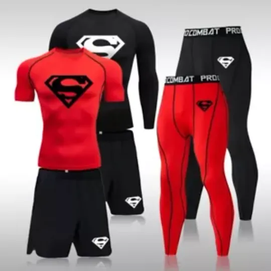NEW Men Sports Suit Gym Fitness Superman Exercise Workout Compression Tracksuit