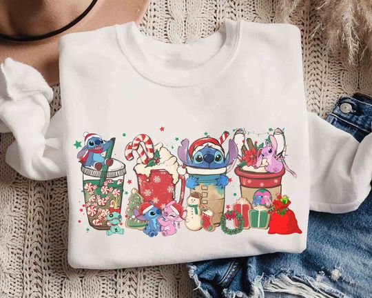 Cute Stitch and Angel Coffee Tea Sweater, Disney Couples Xmas Latte Drink Cup Lights Tee, Lilo Stitch Epcot Shirt, Disneyland Vacation Gift