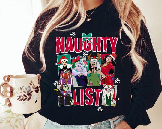 Disney Naughty List of Villains characters Christmas Light Shirt, Evil Queen, Maleficent, Ursula, Disneyland Vacation Family Party Xmas Gift