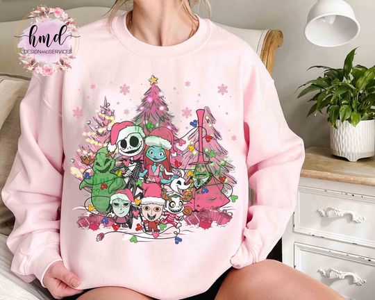 Disney Nightmare Before Christmas Group Pink Christmas Sweatshirt, Jack Sally Oogie Boogie Xmas T-shirt, Mickey's Very Merry Party Gift