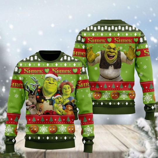 Shrek Ugly Christmas Sweater, Fiona And Shrek Xmas Sweater, Funny Face Memes Swearshirts, Gingerbread Sweater, Christmas Party Gift