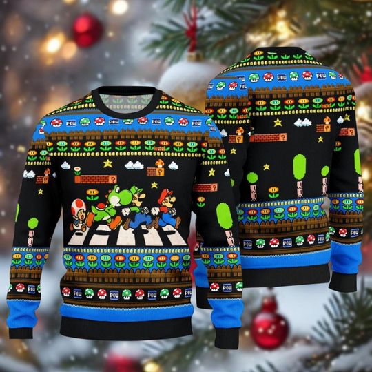 Christmas Super Mario Abbey Road Sweater, Super Mario Xmas Ugly Sweater, Christmas Mario Game Character Sweatshirt, Mario Game Fan Gift