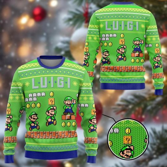 Super Mario Luigi Custom Ugly Sweater, Super Mario Luigi Xmas Sweater, Super Mario Luigi Costume Shirt, Super Mario Fan Gift