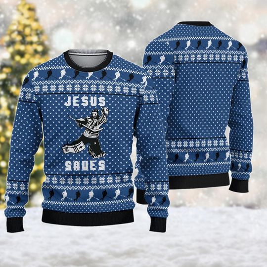 Hockey Jesus Saves Ugly Christmas Sweater, Hockey Team Christmas Sweatshirt, Hockey Lovers Gift, Sport Xmas Holiday Shirt For Men Women Kid