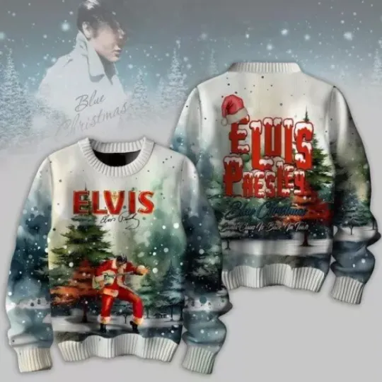 Elvis Presley Santa Is Back In Town 2024 Blue Christmas Ugly Sweater