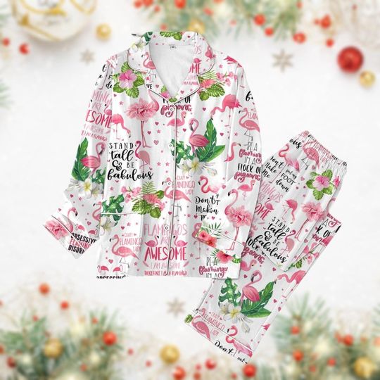 Christmas Flamingo Pajamas Set, Pink Flamingo Pj Set, Bird Lover Holiday Pajamas, Animal Xmas Gift For Women, Long Sleeve Pajamas