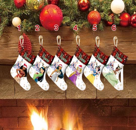 Personalized Princess Movie Xmas Stocking, Princess Characters Christmas Stockings, Red Plaid Christmas Socks Home Decoration