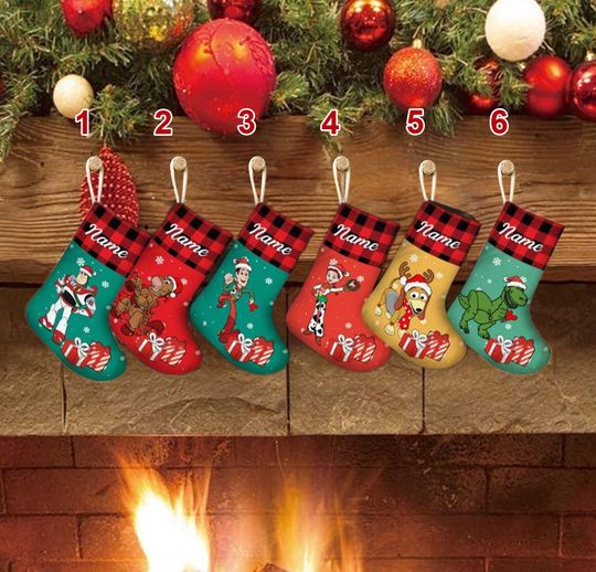 Personalized Red Plaid Xmas Stocking, Toy Movie Characters Christmas Stockings, Toy Christmas Socks Home Decoration