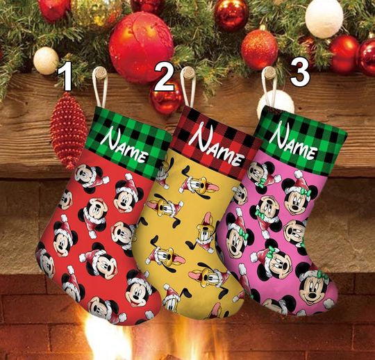 Personalized Mouse Movie Xmas Stocking, Mouse And Dog Santa Hat Christmas Stockings, Characters Christmas Socks Home Decoration