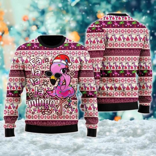 Fa La La Mingo Ugly Christmas Sweater, Pink Bird Xmas Sweatshirt, Flamingo Christmas Gift For Men Women Kid, Flamingo Santa Hat Xmas Jumper