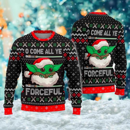 O Come All Ye Forceful 3D Ugly Christmas Sweater, Christmas Carols Xmas Sweatshirt, Galaxy Baby Christmas Song Gift For Men Women Kid