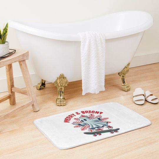 Christmas Skateboard Ghost-Merry and Bright Bath Mat