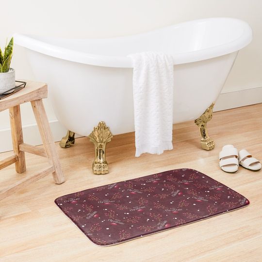 Wine red, red Christmas Rudolph, berry, Merry Christmas Bath Mat