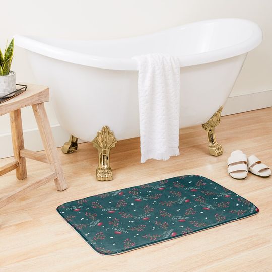 Deep green Christmas Rudolph, Berry, Merry Christmas Bath Mat