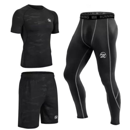 3 PCS Men Tracksuit Gym Fitness Compression Sports Running Jogging Short Sleeve