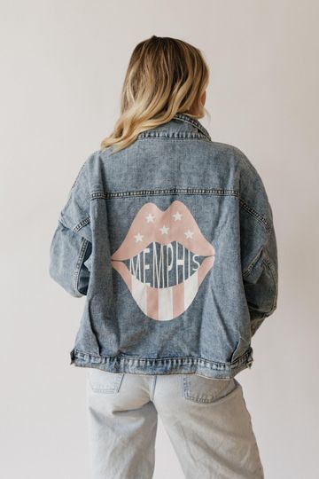 Memphis Rose Pink Lips Print Denim Jacket