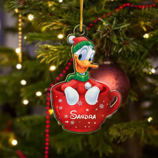 Personalized Donald Duck Christmas Ornament, Customized  Christmas Tree Decor, Donald Duck Gift For Kid, Duck In Cup Xmas Keepsake