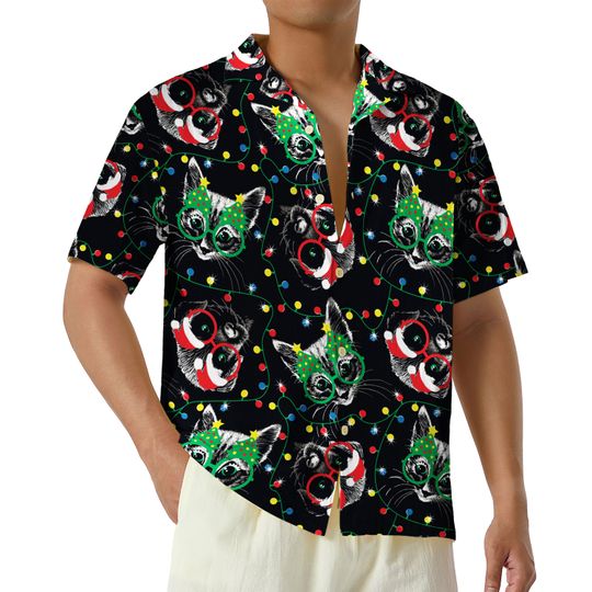 Cat Christmas Light Hawaiian Shirt, Meowy Christmas Hawaii Shirt, Cat Lover Xmas Aloha Shirt, Santa Cat Button Up Shirt