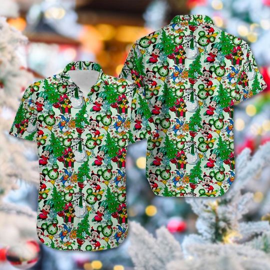 Mickey & Friends Christmas Hawaii Shirt, Mickey Mouse Button Up Shirt, Minnie Mouse Christmas Hawaiian Shirt, Mickey Xmas Party Tee
