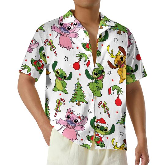 Disney Lilo and Stitch Christmas Hawaiian Shirt, Green Hawaiian Disney Button Up Shirt, Disneyland Christmas Gift