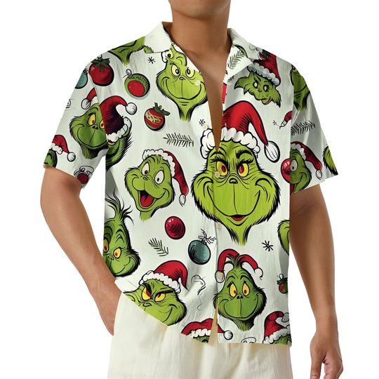 funny character Christmas Hawaian Shirt, Grin Button Up Shirt, Merry Grin Hawaii Shirt, Retro Christmas Movie Shirt