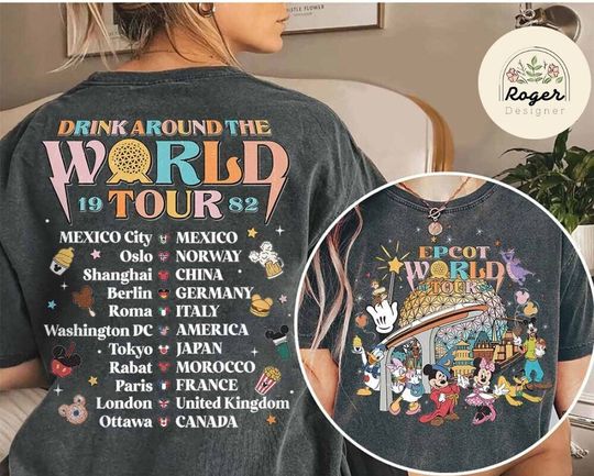 Two-sided Mickey and Friends Disney Epcot World Tour Shirt, WDW Disneyland Family Drinking around the World, Epcot Traveler Drinking Team