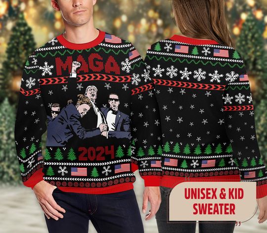 Christmas Sweater MAGA 2024 Ugly Christmas Sweater, Donald Trump Vote Election Ugly Sweater, Trump Merry Christmas Snowflake Sweatshirt