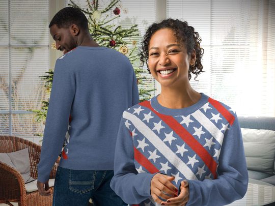 Stars and Stripes Knitted Sweater, USA Patriot Red White and Blue Americana Knit Jersey for Independence Day or Ugly Christmas Sweater party
