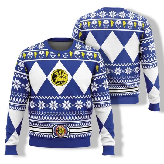 Blue Power Ranger Ugly Christmas Sweater, Mighty Morphin Sweater Men, Christmas Crewneck, Superhero Christmas Shirt, Ugly Xmas Sweater