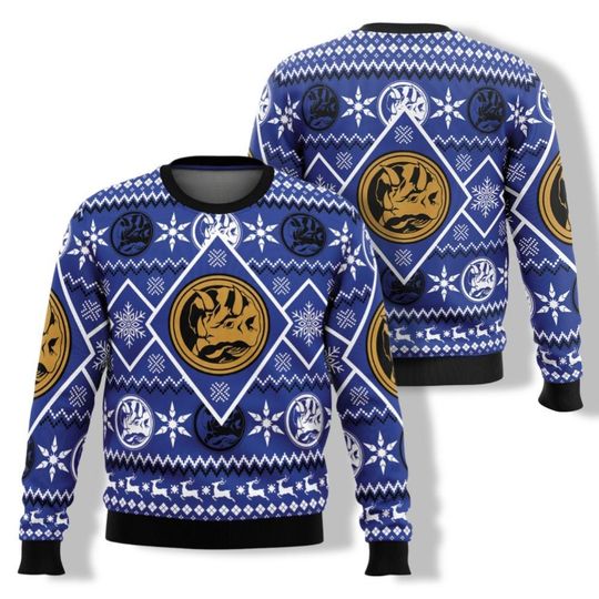 Blue Ranger Power Ugly Christmas Sweater, Power Ranger Sweater Men, Christmas Crewneck, Superhero Christmas Shirt, Womens Christmas
