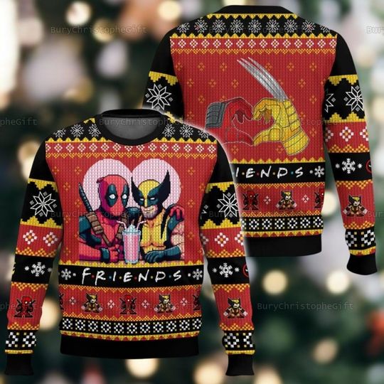 Deadpool Wolverine Christmas Ugly Sweater, Funny Bestie Friends Deadpool Sweater, Wolverine Ugly Sweater, Christmas Gift, Gift For Her