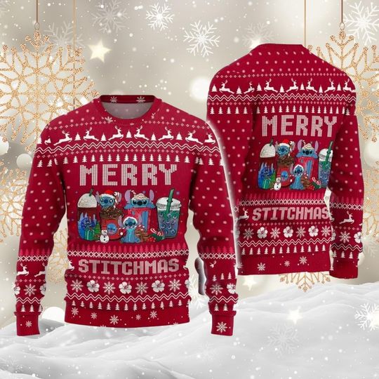 Disney Stitch Ugly Christmas Sweater, Merry Stitchmas Alien Coffee Ugly Sweater, Cute Stitchmas Xmas Sweatshirt, Warm Drink Shirt