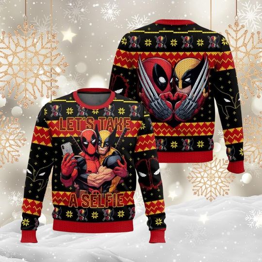 Christmas Deadpool Wolverine Ugly Sweater, Let's Take A Selfie Shirt, Funny Superhero 2024 Christmas Sweater, Wolverine Ugly Sweater