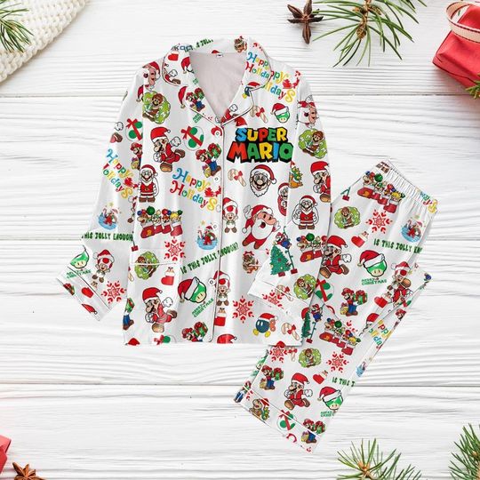 Super Mario Christmas Pajamas, Mario Santa Holiday Pajamas, Funny Mario Pajamas Set, Super Mario Shirt, Video Game Shirt, Gift For Him
