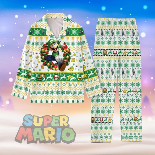 Super Mario Luigi Ugly Christmas Pajamas, Super Mario Bros Holiday Pajamas, Mario Family Shirt, Video Game Shirt, Gift For Him